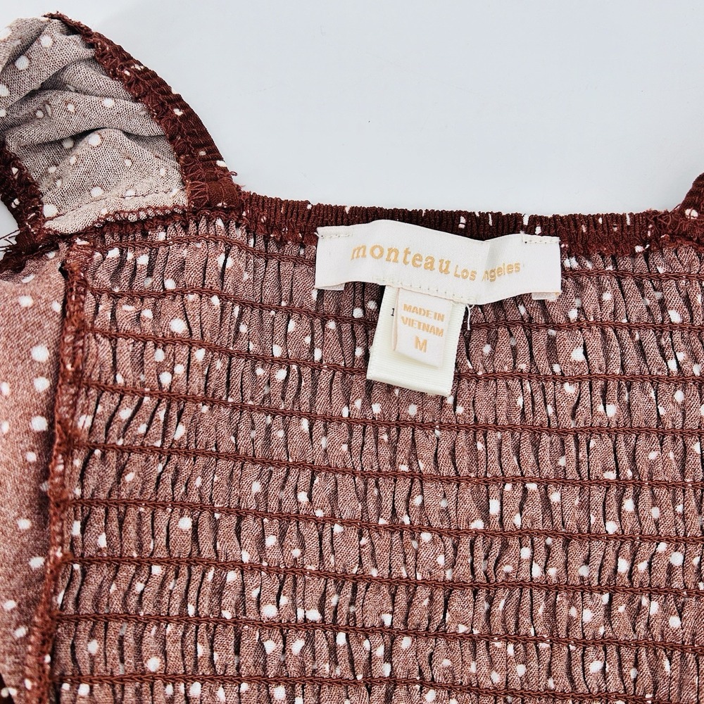 Coquette Milkmaid Crop Top M Brown Polka Dot‎ Corset Cottagecore Puff Sleeve - Picture 5 of 13